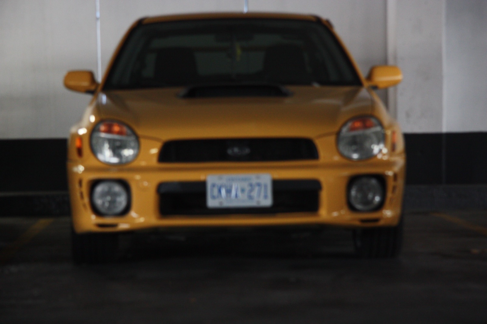 Front of a yellow Subaru WRX between concrete pillars