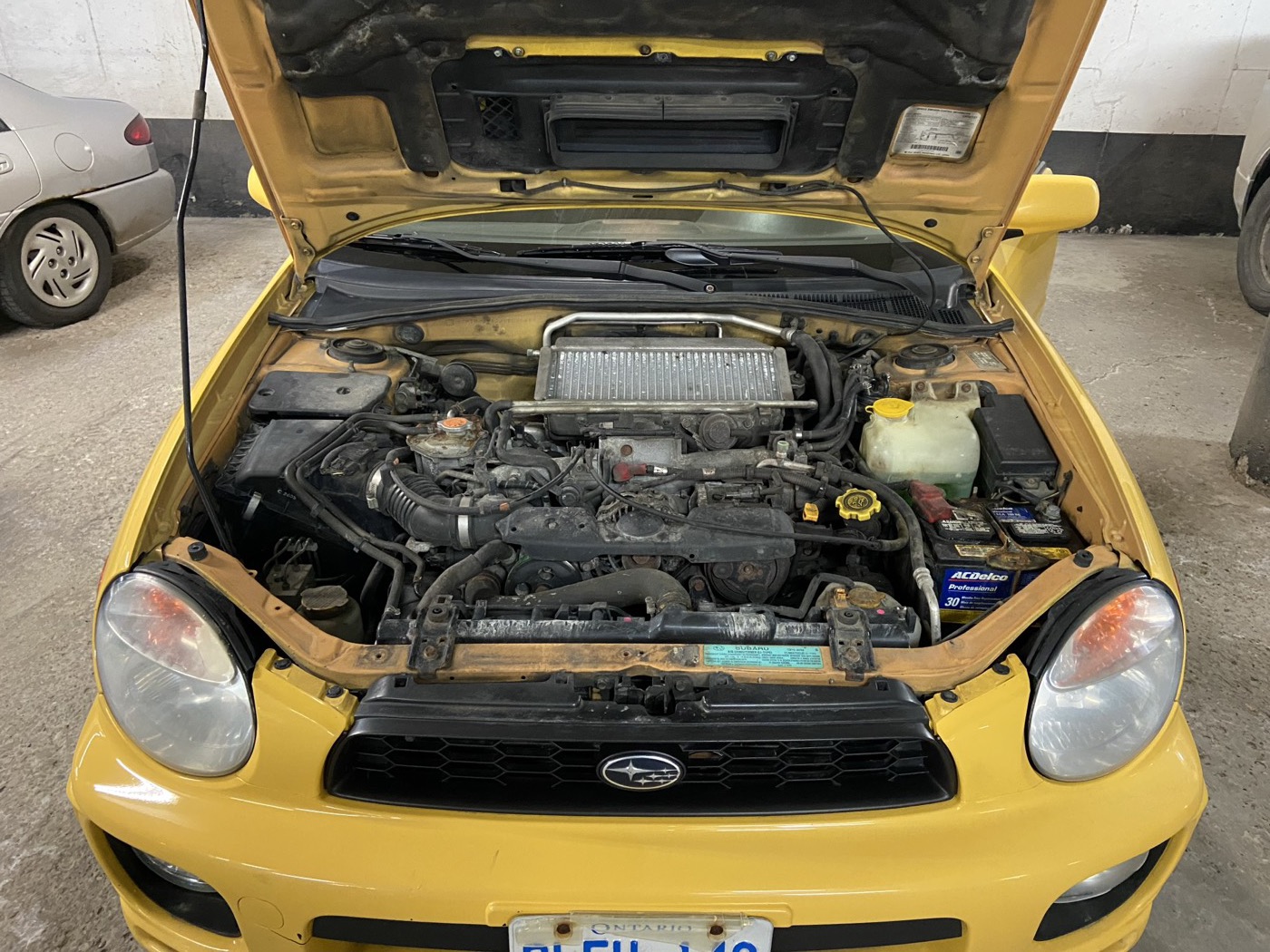Engine bay of the yellow WRX wagon with the hood up
